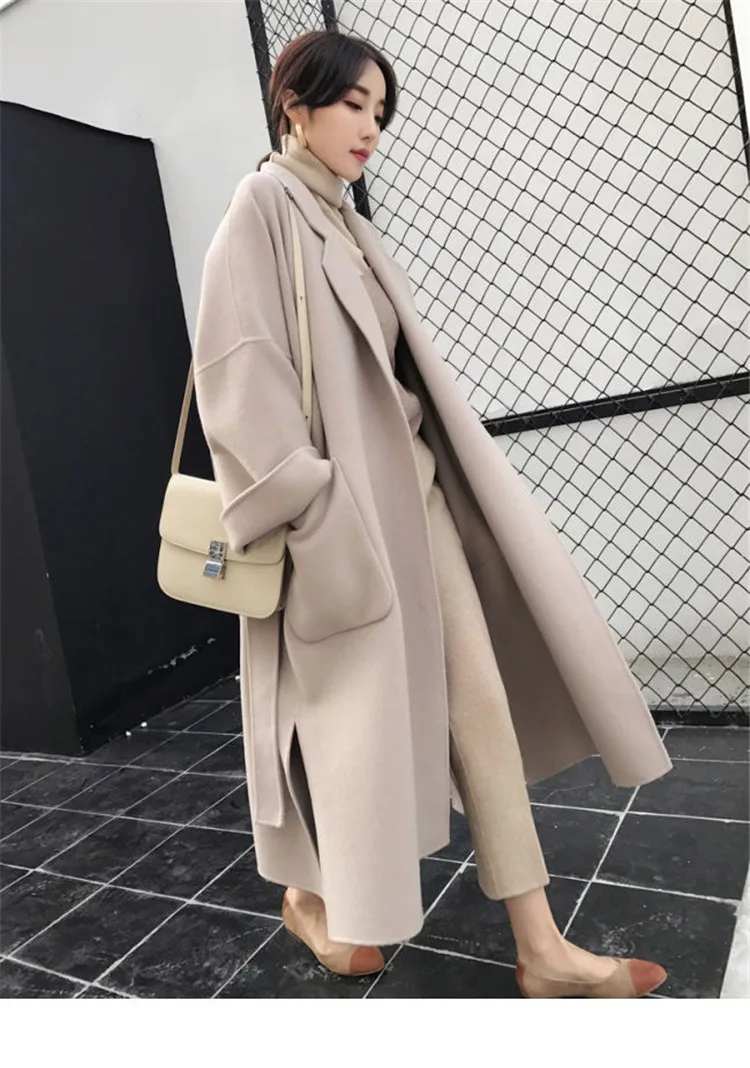 elegante casaco de lã mulheres cardigan bolsos engrossar outono inverno feminino mistura casacos feminino faixas cinto longo casacos