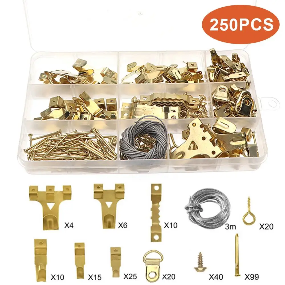 

250pcs Picture Hanging Kit Gold Picture Frame Hanger Tool Hanging Wire, Hooks, Nails and Hanger Level for Marking Position