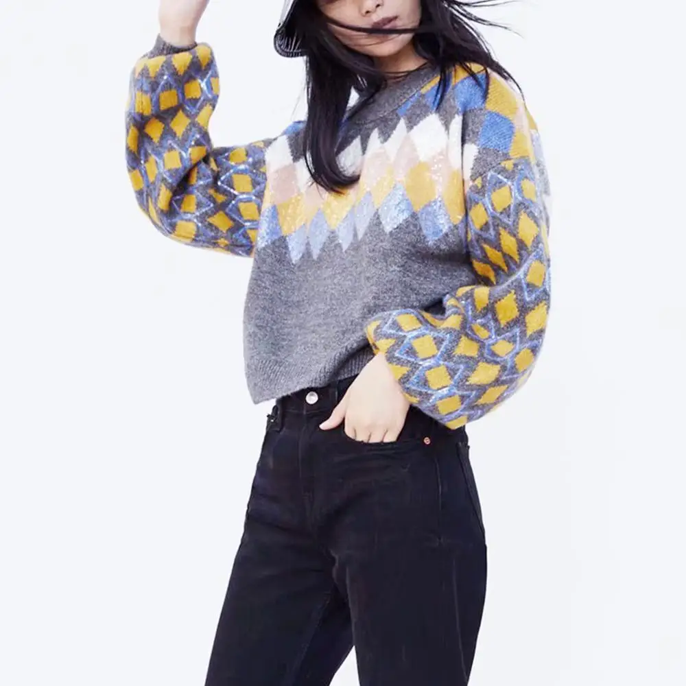 Женский вязаный свитер Za повседневный Свободный пуловер с геометрическим узором