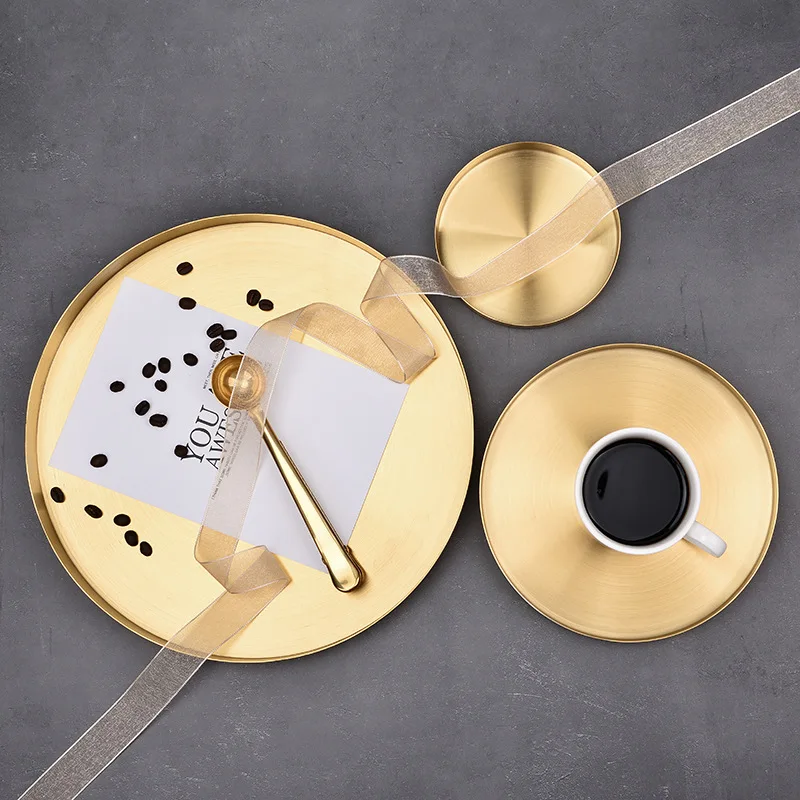 

Gold-Tone Stainless Steel round Straight Edge Tray Northern Europe INS-Style Light Luxury Storage round Plates Cosmetic Jewelry