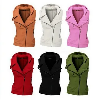 

Women's Autumn and Winter Multi-color Oblique Zipper Design Women's Solid-color Hooded Vest Women Coat