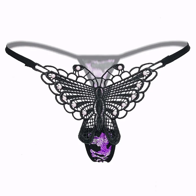 Purple Сексуальные Модные леопардовые трусики с жемчужинами и бабочками, индивидуальное нижнее белье, стринги, трусики с вышивкой Allure, эротические женские трусики - Цвет: Purple