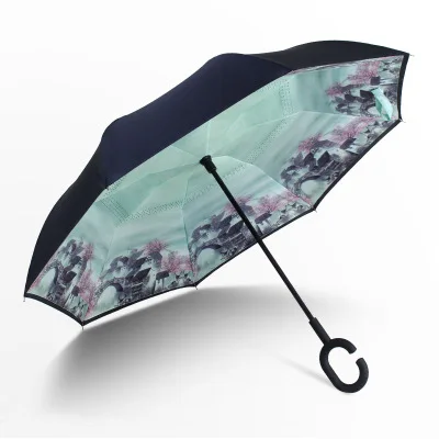 Ветрозащитный обратный складной двойной слой перевернутый Chuva зонтик Женский Для xiaomi самостоящий защита от дождя c-крюк руки для автомобиля - Цвет: 15