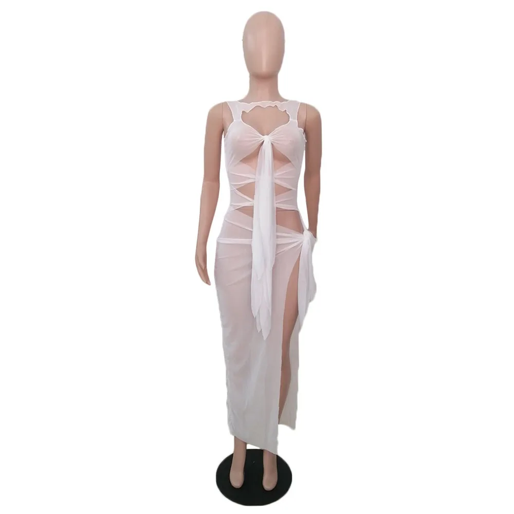 2021 Summer New Cover-ups Women Beach Dress Sexy Mesh See Through Vacation Long Dresses Hollow Out Bandage Club Party Vestidos sheer bathing suit cover up
