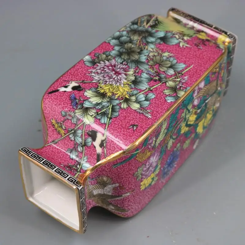 Qing Dynasty Qianlong Enamel Painted Gold Flowers And Birds Square Vase Home Furnishings Antique Porcelain Collection 5