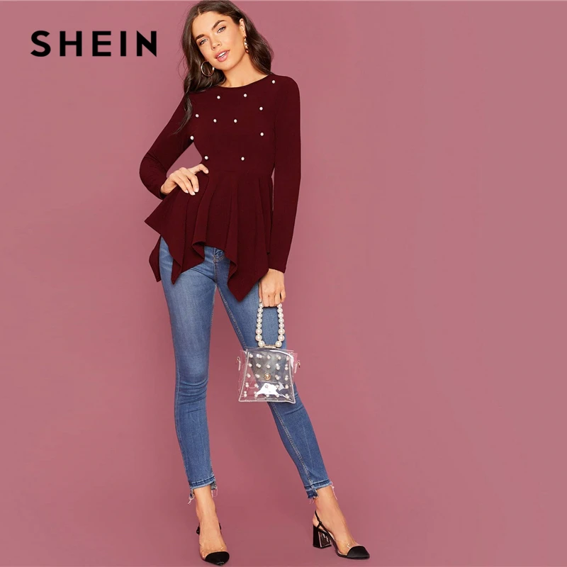 SHEIN Pearl Embellished Hanky Hem Peplum Top Women Spring Autumn Fitted Flared Round Neck Elegant Womens Tops and Blouses