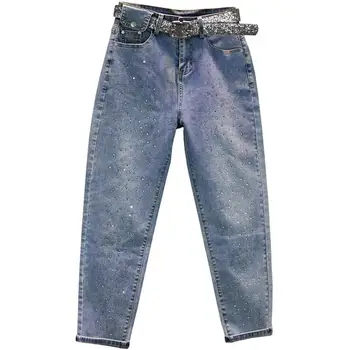 

2020 spring summer heavy industrial hot diamond jeans women high waist stretch was thin female nine points harem pants r984