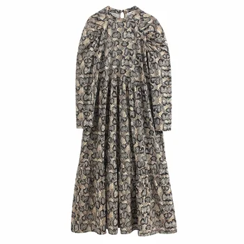 

Za women's new round neck puffy long sleeve laminated decorative hem back split MIDI Snake Print Dress in early spring 2020