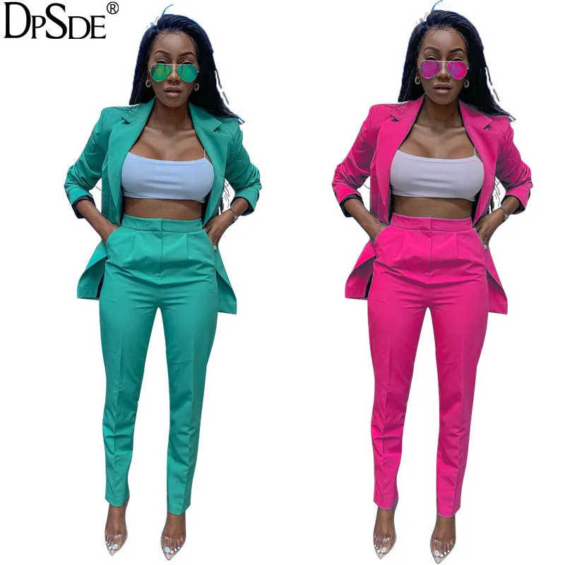 

DPSDE Rose Red Vocation Women Two Pieces Pants Set Autumn Full Sleeve Collect Waist Green Top Purple Long New 2020 Bodycon Pants