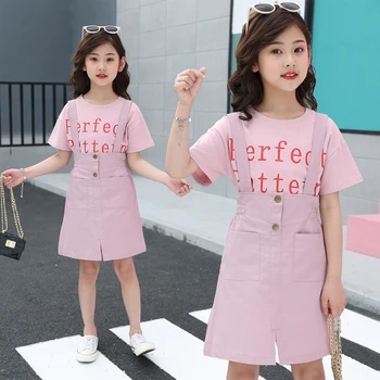 

Overall Summer Girls Cotton 2Pcs Set Letter T Shirt Kids Suspender Dress Outfits Clothing Strap Skirt Outfits Set