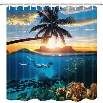

Ocean Travel Scenery Shower Curtain, Young Woman Snorkeling Near Coral Reef in Tropical Sea on Sunset Day Bath Curtains, 3D