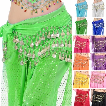 

1pc Women Sexy Cute Belly Dance Hip Skirt Chiffon Wrap Scarf Belt With Gold Coins in 3 Rows 13 colors dancing accessories