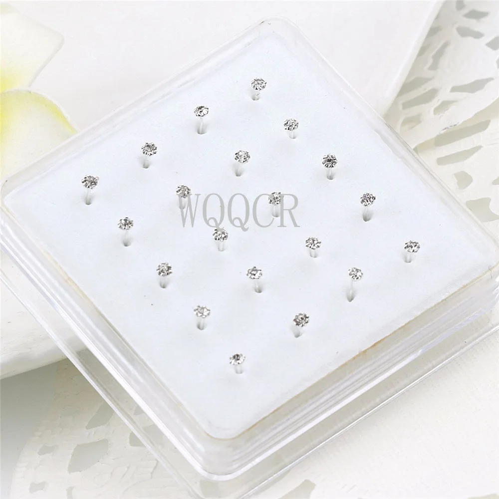 Piercing Jewelry Nose Studs 20Pcs/Box Straight Pin Nose Stud With 1/2/3mm Crystal Nose Piercing Body Jewelry