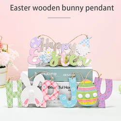 New Easter Wooden Bunny Decoration Rabbit Printed Rudolph Easter Egg Pendant Home Pendant Easter Crafts Party Gift Desktop Decor