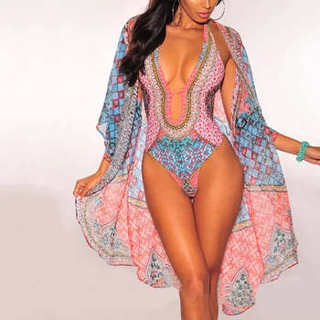 

2020 Summer One Piece Swimsuit Sexy Print Beach Shawl + Bikini One Piece Two-piece Set Swimsuit