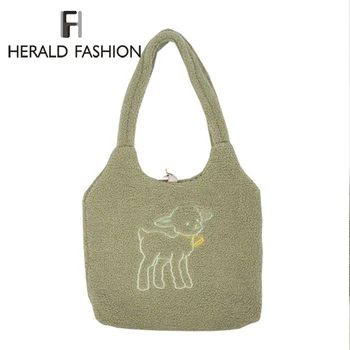 

Women Lamb Like Fabric Shoulder Bag Simple Canvas Handbag Tote Large Capacity Embroidery Shopping Bag Cute Book Bags For Girls