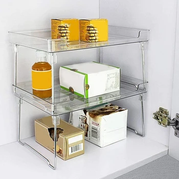 

Kitchen Cabinet and Counter Shelf Organizer, Clear Stackable Storage Shelves for Kitchen Bathroom Bedroom Vanity 2 Pack