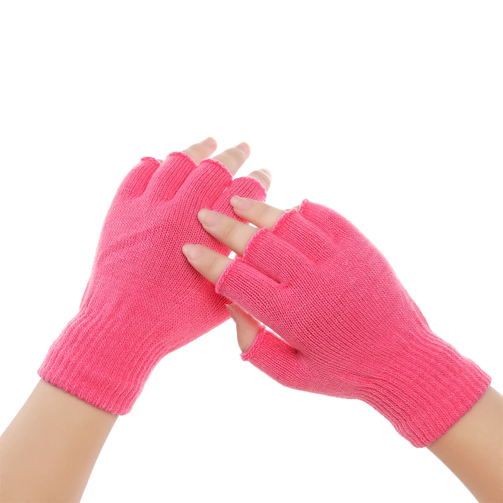 Лидер продаж, 1 пара, женские, мужские зимние вязаные перчатки без пальцев, теплые короткие толстые теплые рукавицы, сохраняющие тепло, тянущиеся однотонные варежки