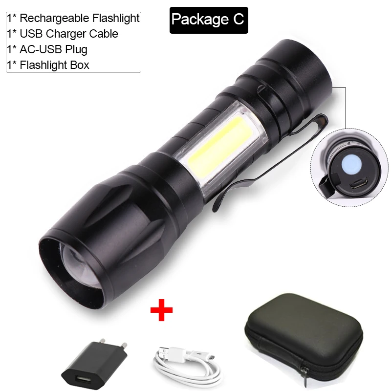 Package C Фонарик USB Перезаряжаемый фонарь масштабируемый фонарик мощный водонепроницаемый фонарь для кемпинга COB светодиодный фонарик - Испускаемый цвет: Package C