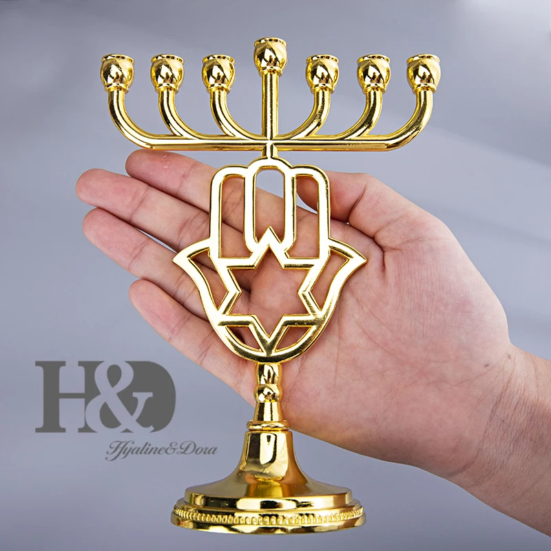 H& D золото Хамса эмаль Menorah Подсвечник 7 веток Израиль Латунь Медные палочки для дома свадебный обеденный, журнальный столик декоративный