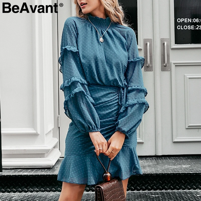 BeAvant/осеннее платье в горошек с рюшами, женское Элегантное зимнее офисное платье с длинными рукавами и шнуровкой, вечерние мини-платья в стиле ретро