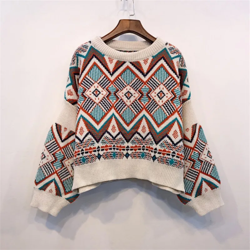 Винтажный этнический женский свитер, весна-осень, свободные вязаные свитера, пуловер с геометрическим принтом, Женские повседневные топы с круглым вырезом
