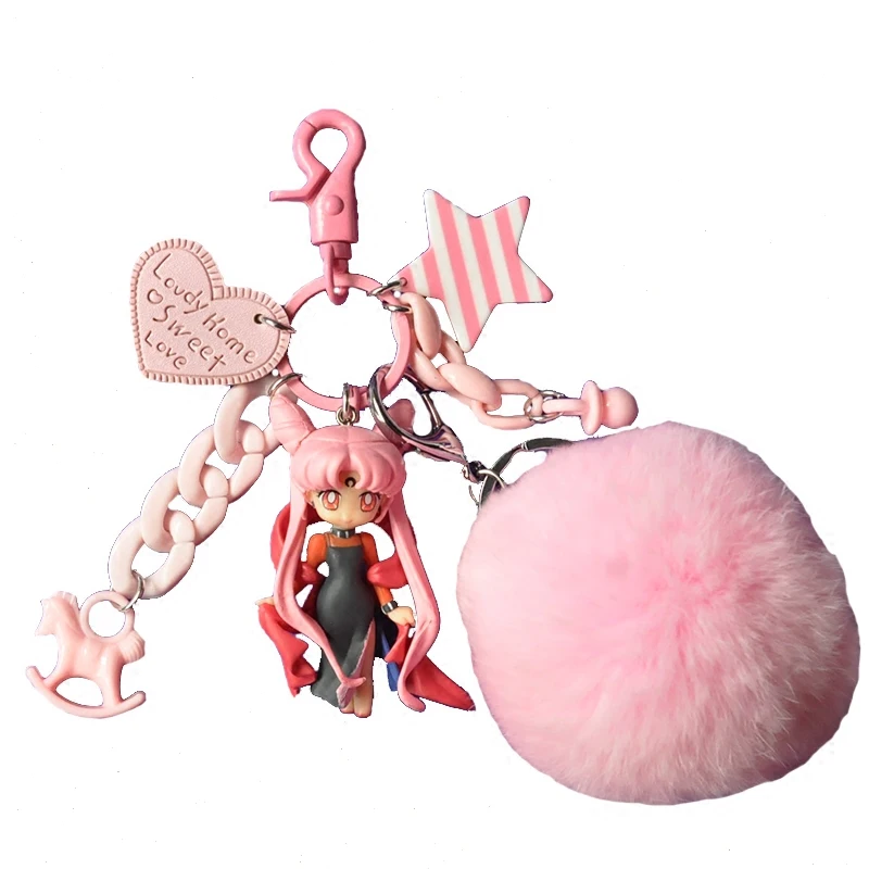 

Sailor Moon Ring Keychain Japanese Anime Kids Toy Kawaii Anime Decor Collection Ornaments With Hairball Model Doll Pendant Gifts