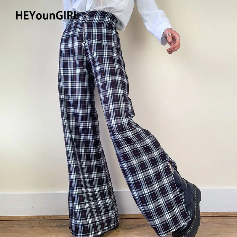 

HEYounGIRL Casual Loose Checkered Wide Leg Pants Women Plaid Zipper High Waist Long Trousers Ladies Split Harajuku Sweatpants