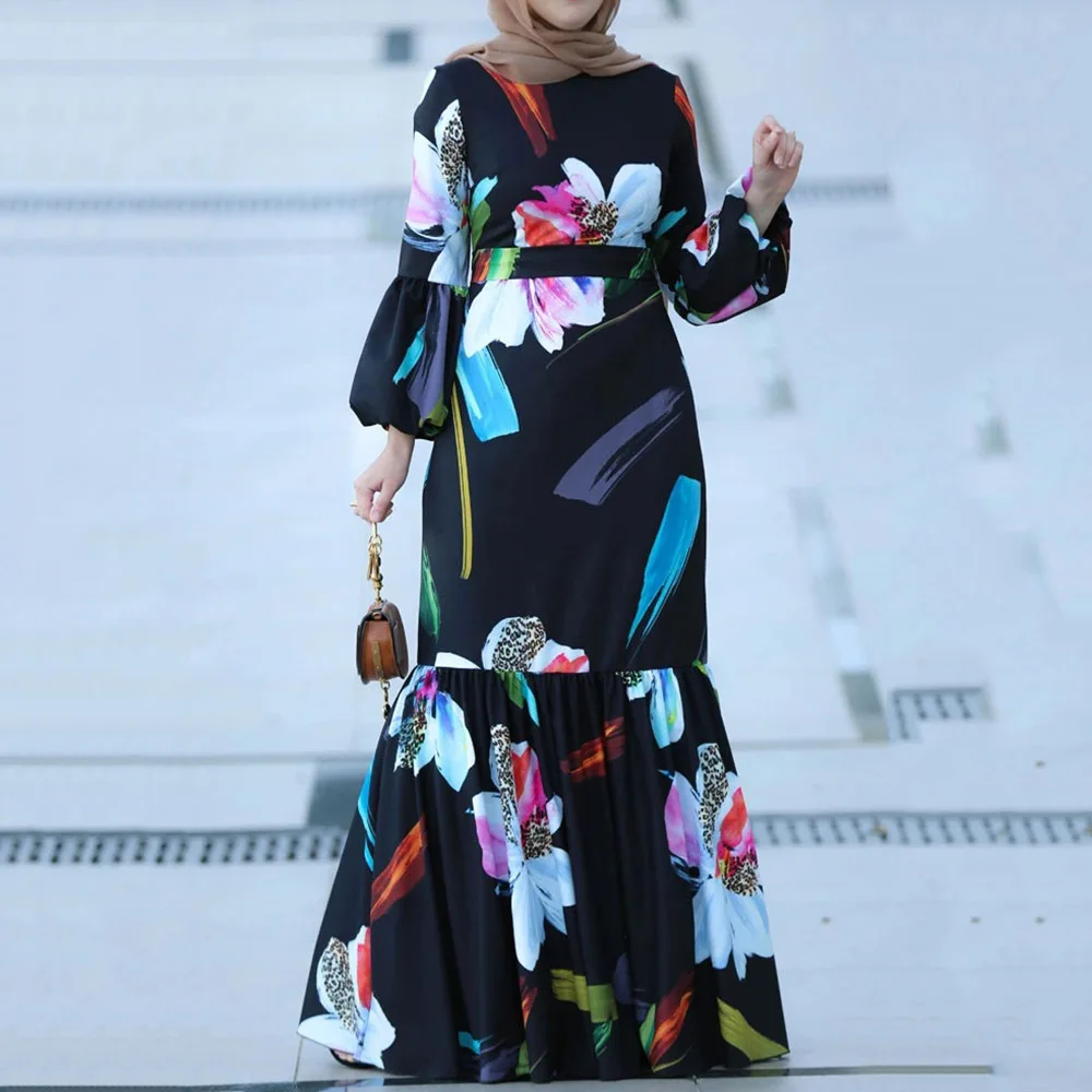 

Muslim Long Dress Round Neck High Waist Puff Sleeve Spring Autumn The New Printing Long Sleeve Fish Tail Dress