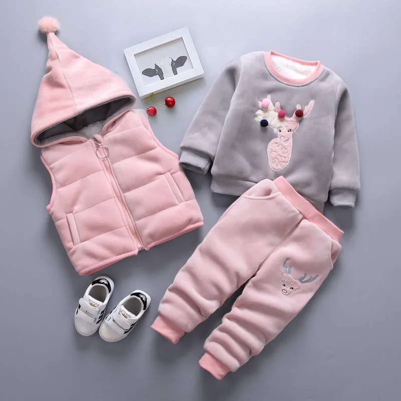 

Fall Winter Velvet Thicken Baby Boys Girls Hooded Vest & Hoodie & Pants 3pcs Sets Kids Warm Zipper Clothing Sets 1-4 Toddle