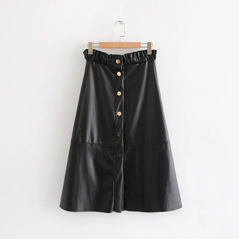 

Autumn And Winter New Style Women's European And American Style Versitile Fashion Elastic High-waisted Mid-length PU Leather A-