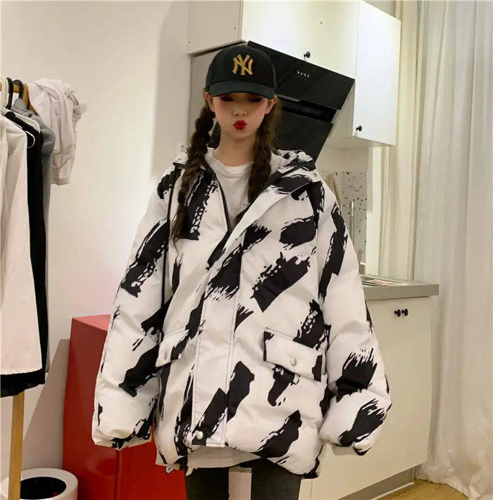 Женская хлопковая одежда Harajuku, корейский топ средней длины с капюшоном, хлопковая куртка, свободная Толстая парка, Осень-зима, пальто с принтом f2699