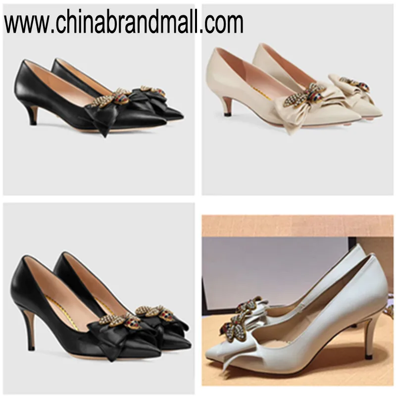 

2019 Hot High Heels Crystal Women Pumps Stiletto Thin Heel Pointed Toe Bowtie Bee Matal Decoration Shallow Dress Pearl Shoes