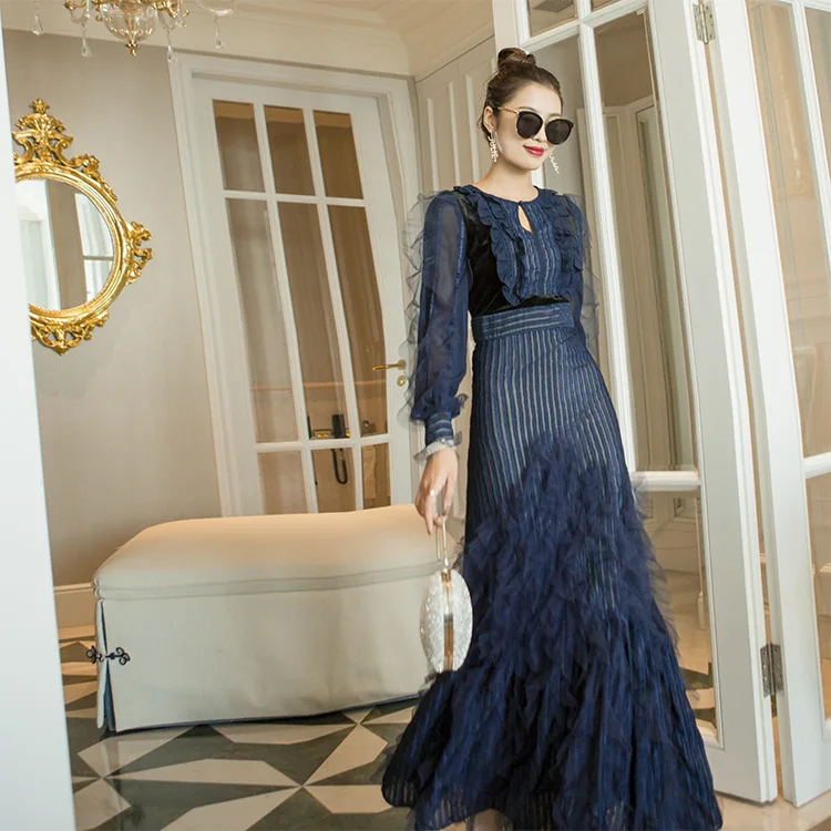 

2020 Spring and Summer High-End Striped Chiffon Stitching Ruffles Sexy Dress Women Dress Elegant Dress long sleeve dress