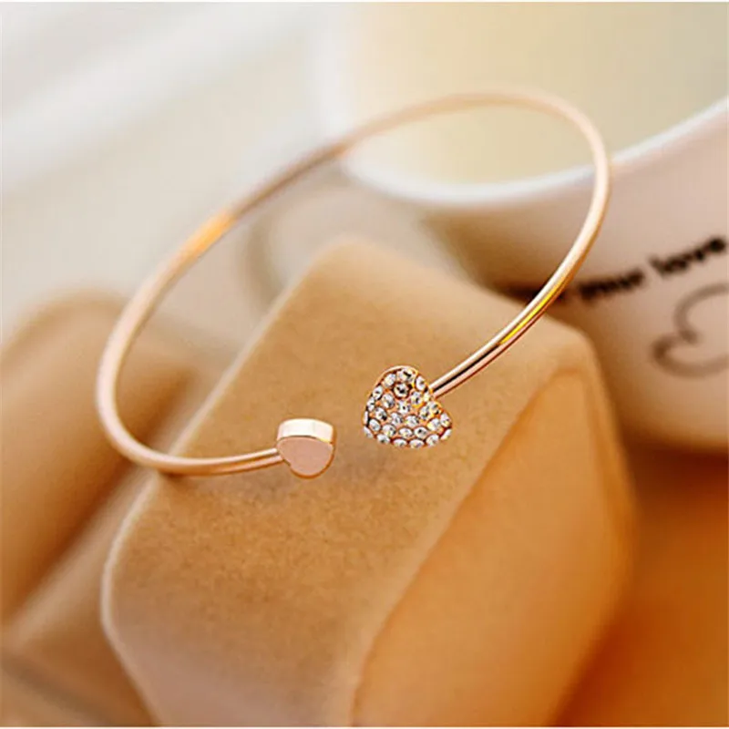 Bracelet Jewelry Fashion Adjustable Crystal Double Heart Bow Bilezik Cuff Opening Bracelet For Women Jewelry Gift Mujer Pulseras