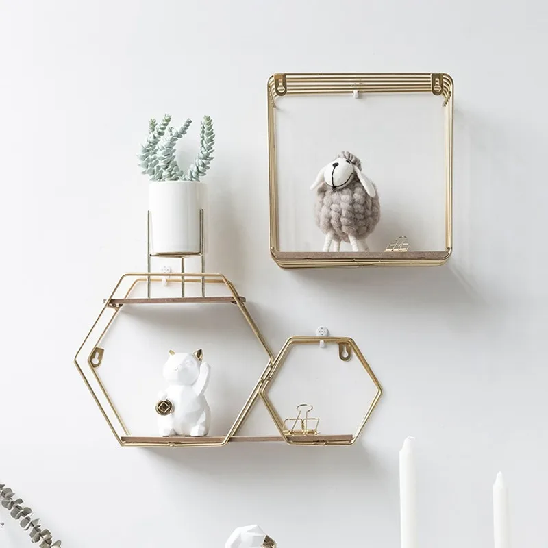 

Nordic Metal Hexagon Storage Rack Iron Wooden Wall Hanging Shelf Living Room Figurines Display Crafts Books Decoration Organizer