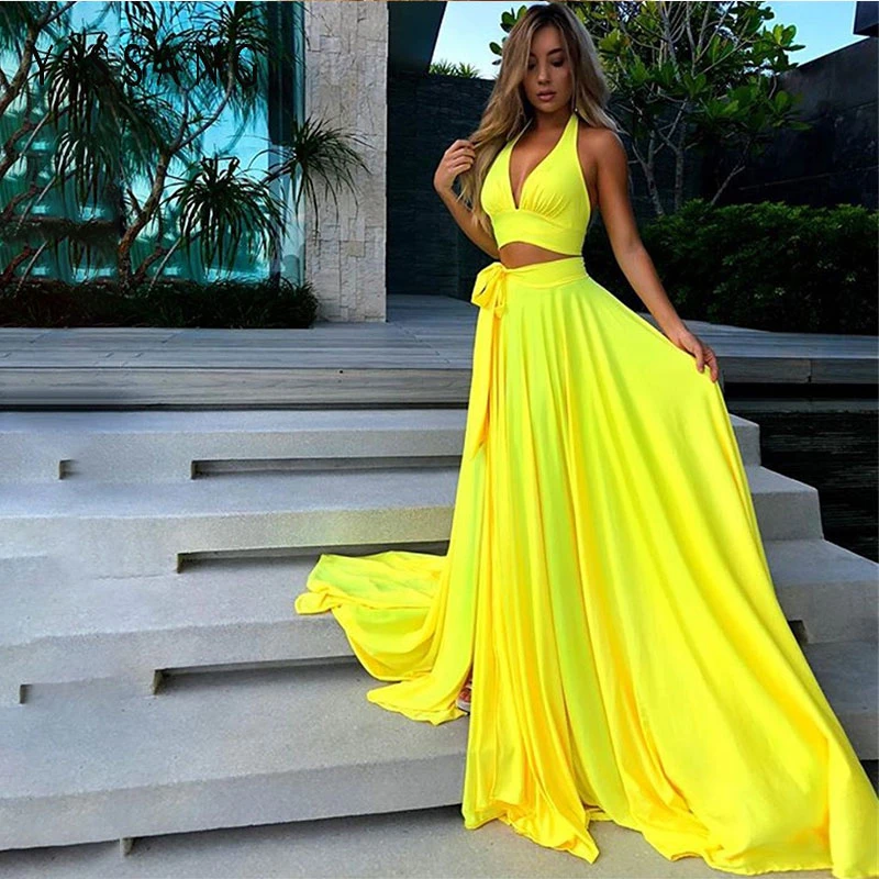 

Yissang Elegant Party Two Piece Set Backless Halter Crop Top And Maxi Long Skirts Sexy 2 Piece Set Women 2019 Summer Outfits