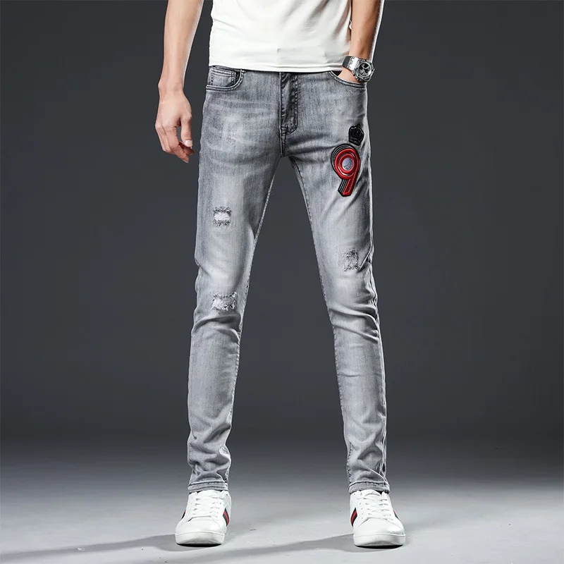

Jeans Pencil Pants New Embroidery Men Denim Moto & Biker REGULAR Full Length 2020 Big Holes Feet