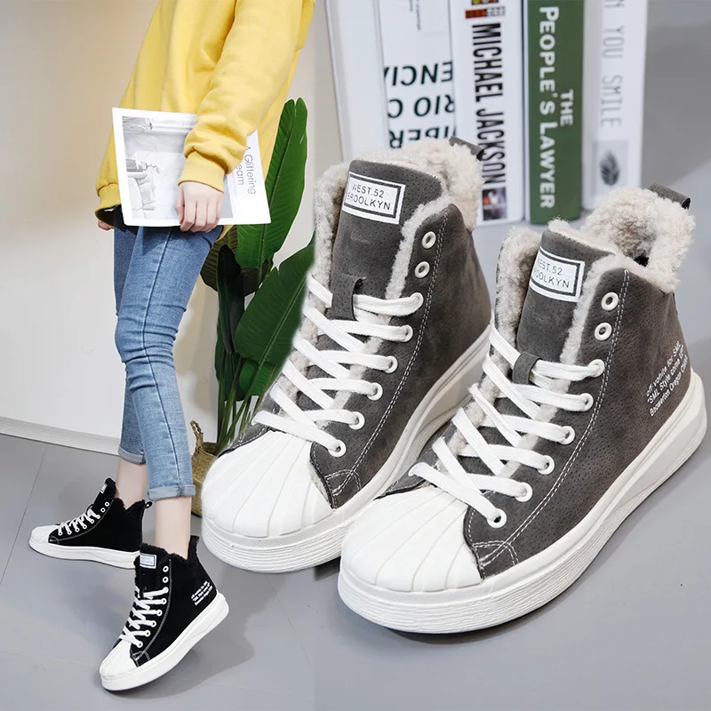 

2020 New High-top Sneakers Women Winter Plus Velvet Warm Lace up Canvas Cotton Shoes Flats Furry Shoes Ladies Zapatos De Mujer