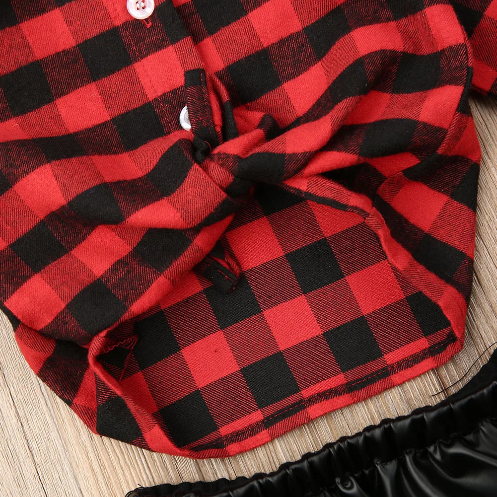 Модные рождественские комплекты одежды для маленьких девочек красная клетчатая Футболка Топ+ кожаные шорты, комплект с юбкой для детей от 0 до 24 месяцев
