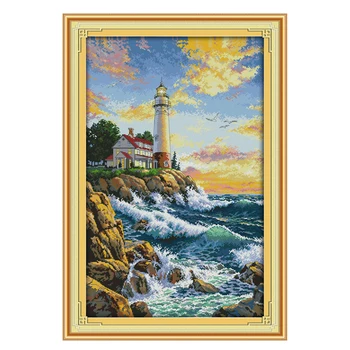 

44 x 65cm 14CT 2 Strands Printing Cross Stitch Kit DIY Decorative Cross-stitch Embroidery Kit (Without Frame)-Seaside Lighthouse