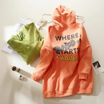 

Laziness-Style Mid-length Hoodie Women's plus Velvet Loose-Fit BF Hooded 7860