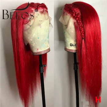

Beeos Preplucked Red Colored 13*6 Lace Frontal Human Hair Wigs Long Straight 150% Peruvian Remy Invisible Lace Front