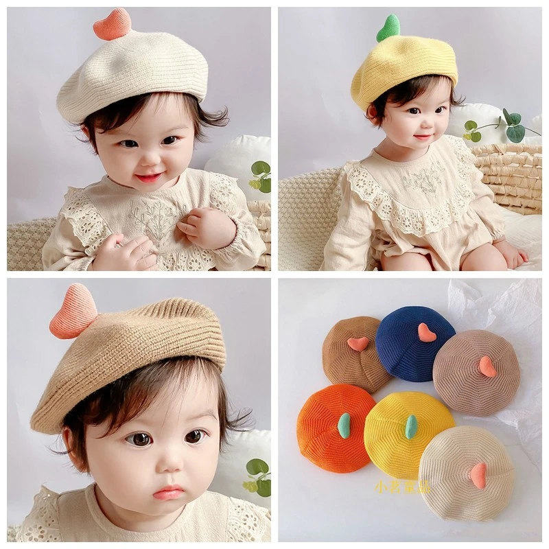 super cute love pumpkin caps baby hats knitted beret toddler painter hat Keep warm suggest for girl under 3 years pacifier for baby