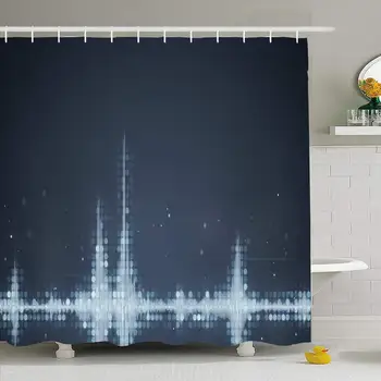 

Shower Curtain Set with Hooks 60x72 Grey Graph Audio Nightclub Waveform Equalizer Pulsating Computer Generated Beats Technology