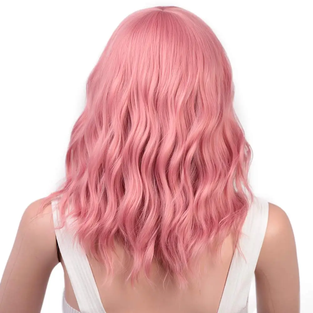 Парики для волос розовые синтетические парики с воздушной челкой 14 дюймов короткие волнистые парики для женщин Повседневные Вечерние парики для косплея Термостойкое волокно
