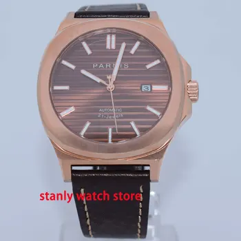 

Parnis 44mm coffee dial luminous marks rose gold plated square steel case miyota 821A automatic movement mechanical men's watch