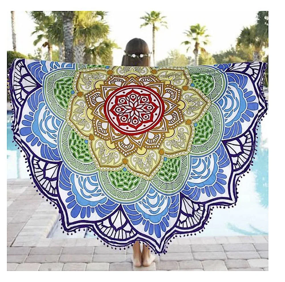 Round Beach Towel Yoga Blankets Diameter 150cm Yoga Mat with Flowers Pattern Indian Mandala Tapestry Picnic Mat Valentine's Day (5)