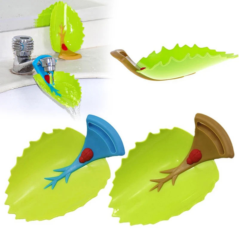 Extensor de grifo con dibujos animados para niños, lavamanos a mano, auxiliar, lavamanos, portátil, bañera, color azul, marrón, venas de hoja