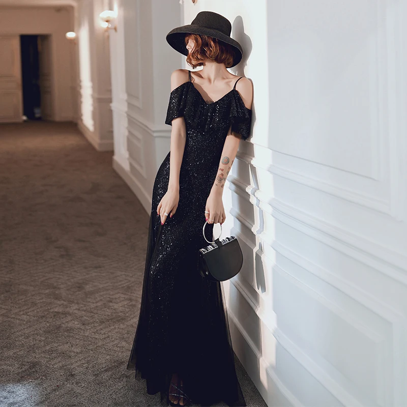 It's YiiYa Formal Dress V-Neck Short Sleeve Spaghetti Strap Women Party Dresses Mermaid Sequined Solid Robe De Soiree K116